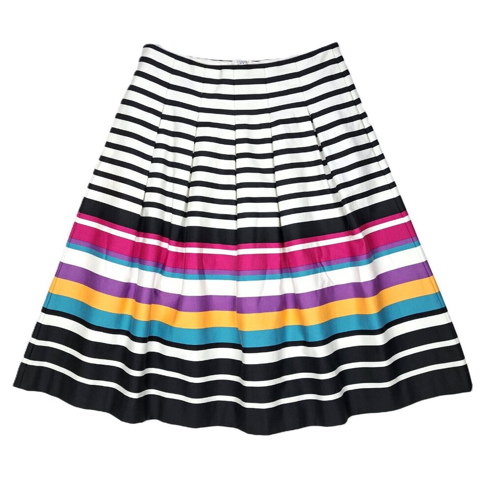 Banana Republic Multi Stripe Pleated Skirt 2 White Black Purple A-Line Pockets